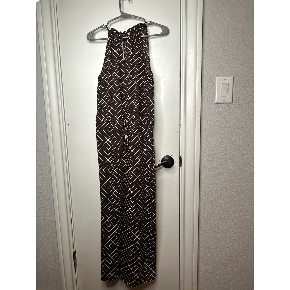 Worthington Womens Brown White Geometric Print Halter Neck Wide Leg Jumpsuit S